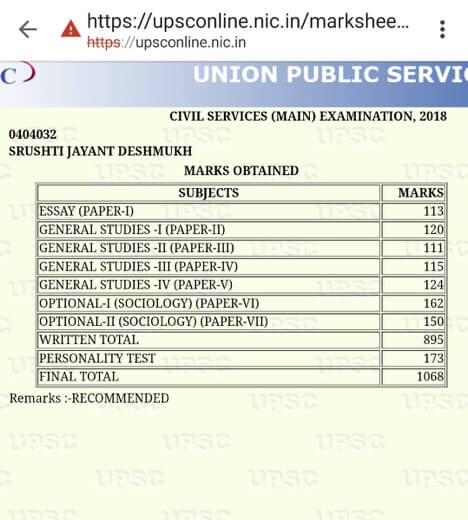 Srushti Jayant Deshmukh IAS Marksheet